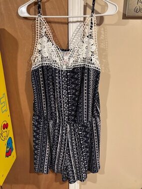 Xhilaration Navy and White Crochet-Trim Romper